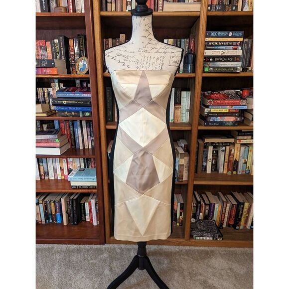 Cache strapless black and champagne geometric print cocktail dress euc sz 6 - Picture 1 of 5